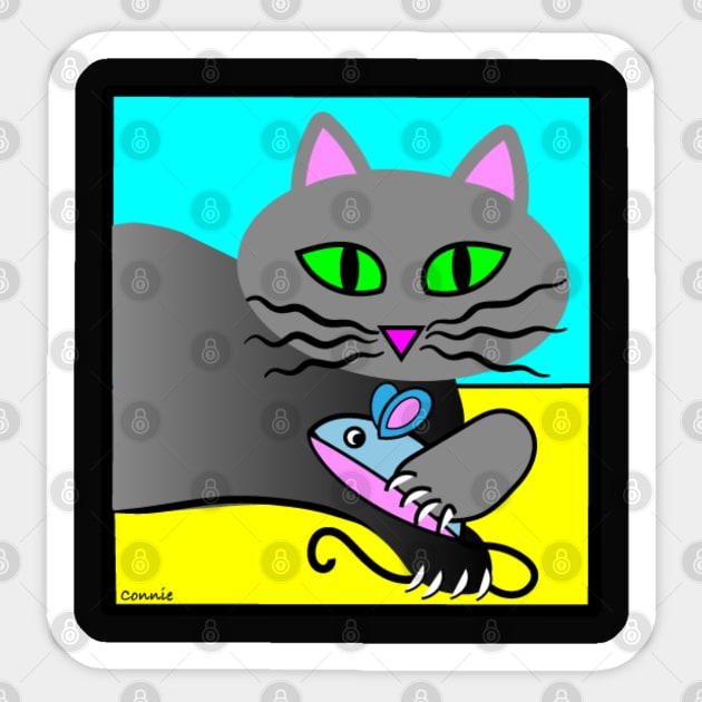 Grey Cat with Catnip Mouse Sticker by Designs by Connie